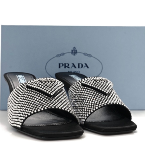 Prada - Satin Crystal Logo 65 mm Slide Sandal- Color: Black- Size: 37.5 - Picture 4 of 11